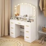 Toucador com 10 Luzes LED de 3 Cores Toucador de Maquilhagem com Espelho 7 Gavetas 3 Compartimentos Moderno 110x40x150 cm Branco
