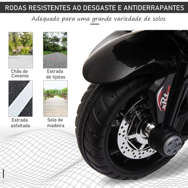 Mota Elétrica Infantil com 3 Rodas Bateria 6V Recarregável Música e Luz Passeio Buzina Faróis Crianças +3 Anos Preto e Branco 86x42x52 cm