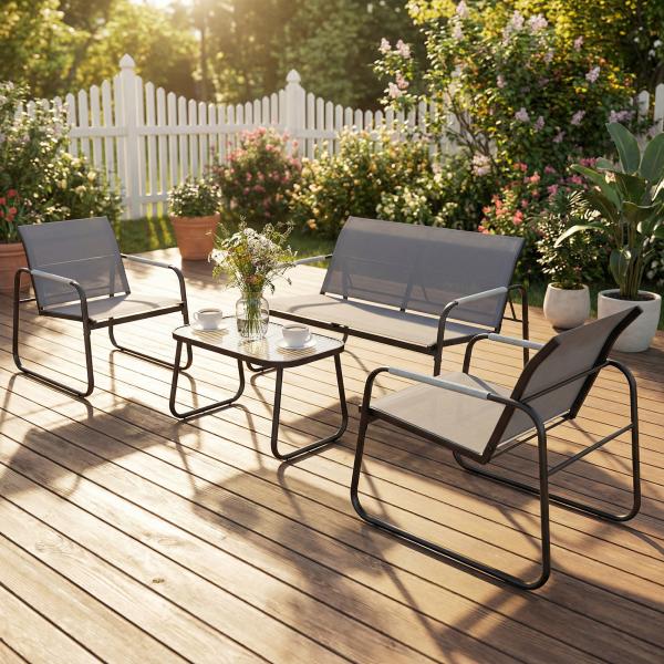 Conjunto de Jardim Exterior com 1 Sofá de 2 Lugares 2 Poltronas e Mesa com Tampo de Vidro Temperado Textilene Respirável Cinzento