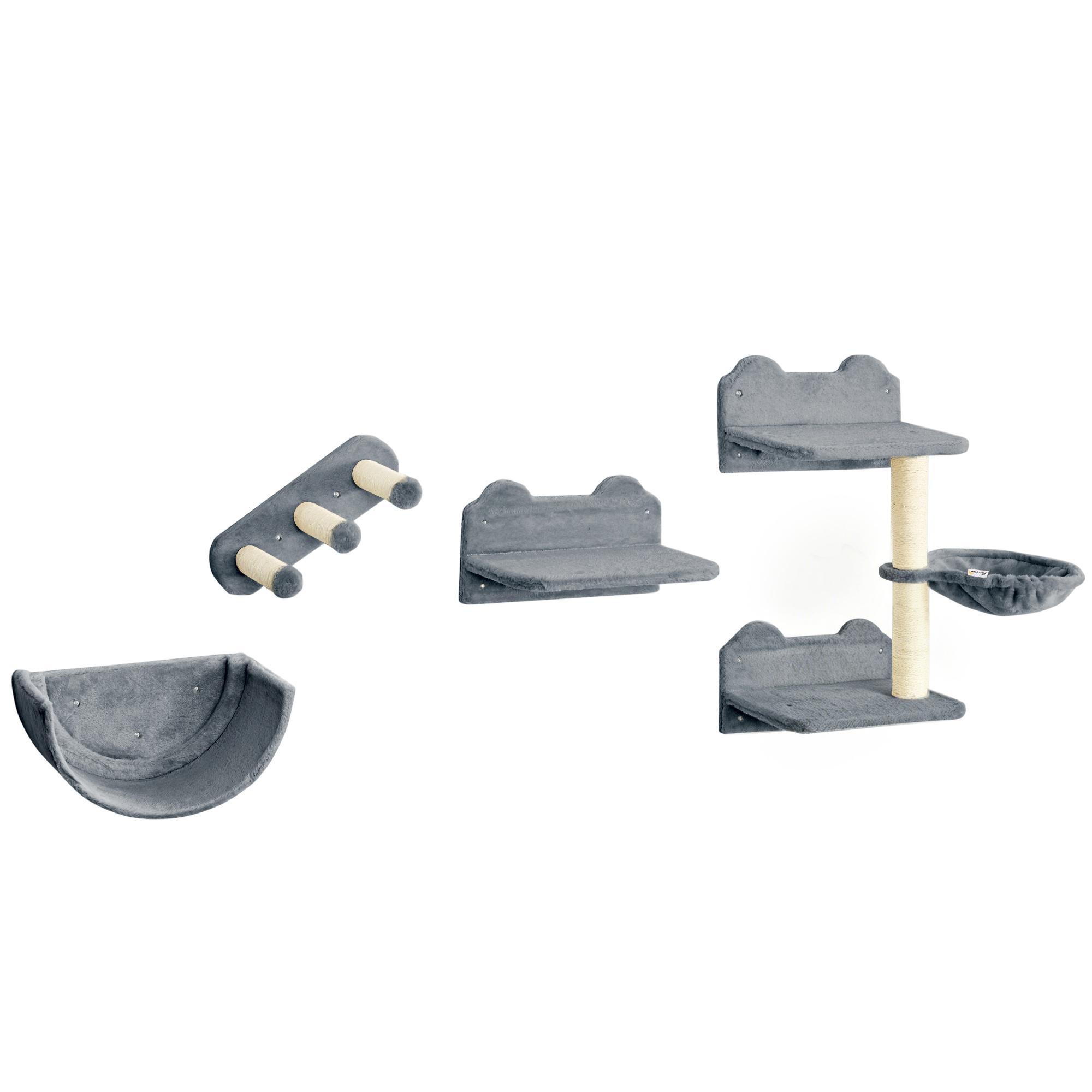 Prateleiras de Parede para Gatos 4 Peças com Rede Plataforma Semicircular Plataformas de Salto e Poste de Sisal Cinza