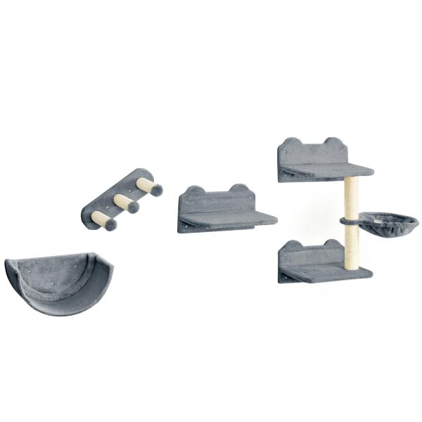 Prateleiras de Parede para Gatos 4 Peças com Rede Plataforma Semicircular Plataformas de Salto e Poste de Sisal Cinza