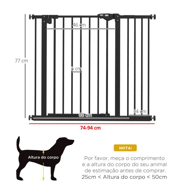Barreira de Segurança de Cães para Escadas e Portas 74 - 94 cm com 1 Extensão Fechamento Automático e Sistema de Duplo Bloqueio Aço Preto