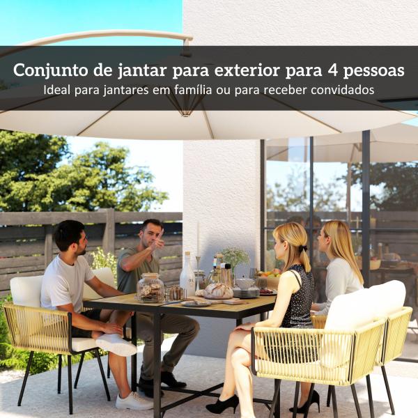 Conjunto de Refeição Jardim de 5 Peças Mesa de Refeição com Imitação de Madeira e 4 Cadeiras com Almofadas Bege e Madeira