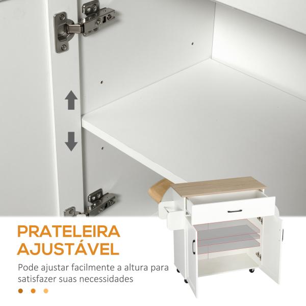 Carrinho de Cozinha com 1 Gaveta Suporte para Panos e Especies Carrinho Auxiliar com Rodas 105x36x85cm Branco