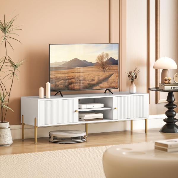 Móvel de TV Moderno com 2 Prateleiras Abertas Ajustáveis para Televisão 65 Polegadas 140x38x45,9 cm Branco