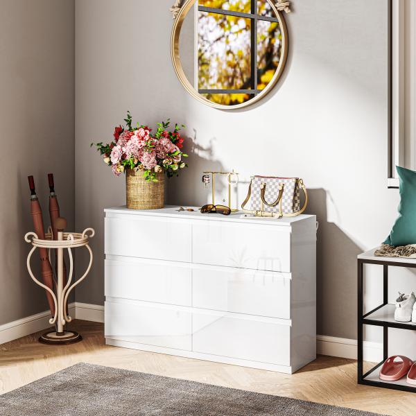 Cómoda com 6 Gavetas de Madeira Cómoda de Dormitório Cómoda Branca Estilo Moderno 112x34x75 cm Branco Brilhante