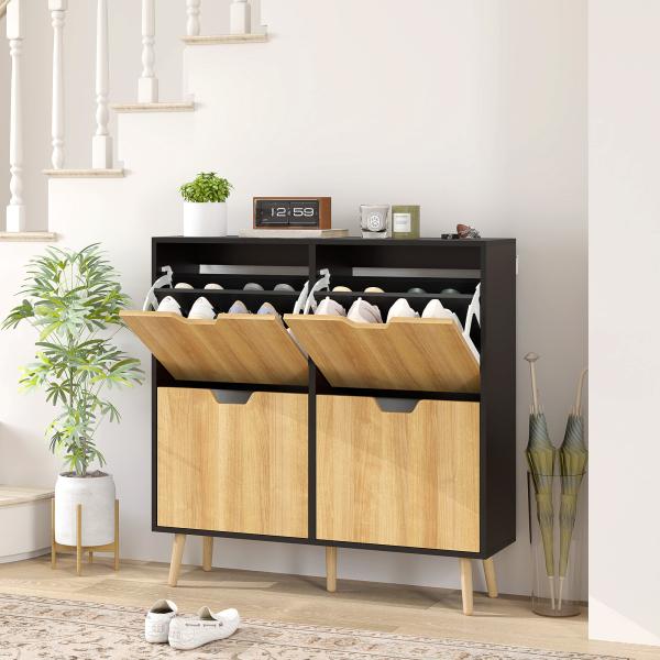 Sapateira para 16 Pares de Sapatos com 4 Gavetas e Prateleiras Ajustáveis 95x26x95 cm Madeira e Preto