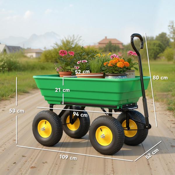 Carrinho de Jardim com Caçamba Inclinável até 75° Carrinho de Mão com Guiador Ajustável 109x52x94 cm Verde Escuro