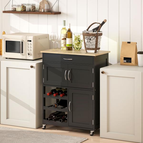 Carrinho de Cozinha com Rodas 2 Armários de Arrumação Gaveta e 3 Prateleiras Abertas para 9 Garrafas 67x37x87 cm Preto