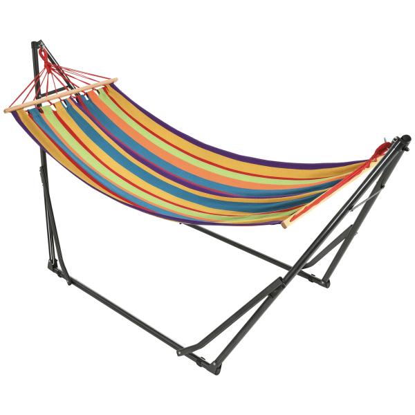 Cama Rede com Suporte Dobrável 2 em 1 Estendal com Barra Estrutura de Aço para Jardim 270x100x94 cm Multicolor