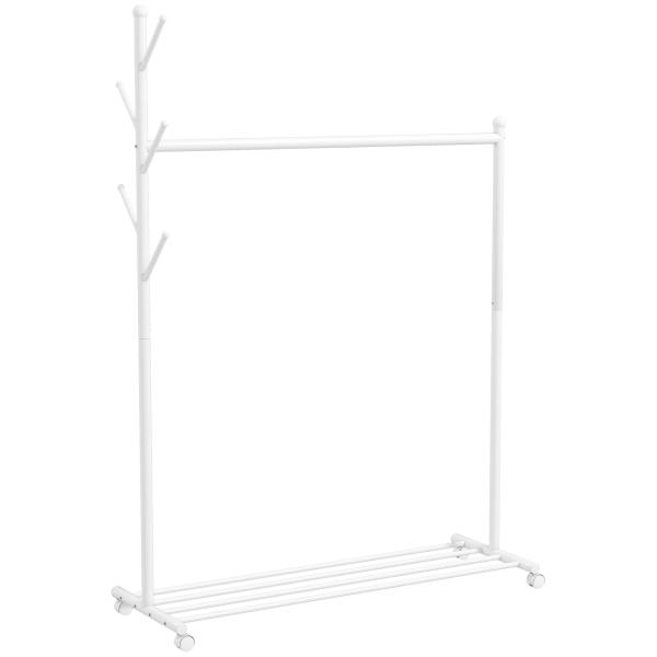 Charriot com Rodas 5 Ganchos Barra para Pendurar e Prateleira Inferior 120x43x171 cm Branco