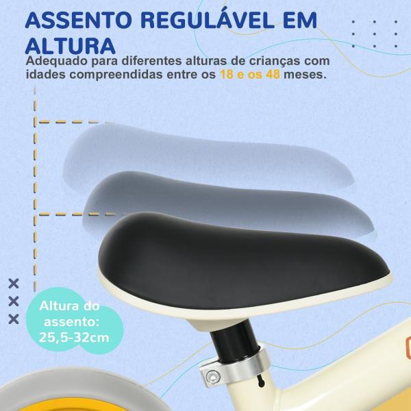 Bicicleta sem Pedais para Crianças de 18 - 48 Meses Bicicleta de Equilíbrio com Assento Ajustável em Altura 66,5x34x47 cm Branco