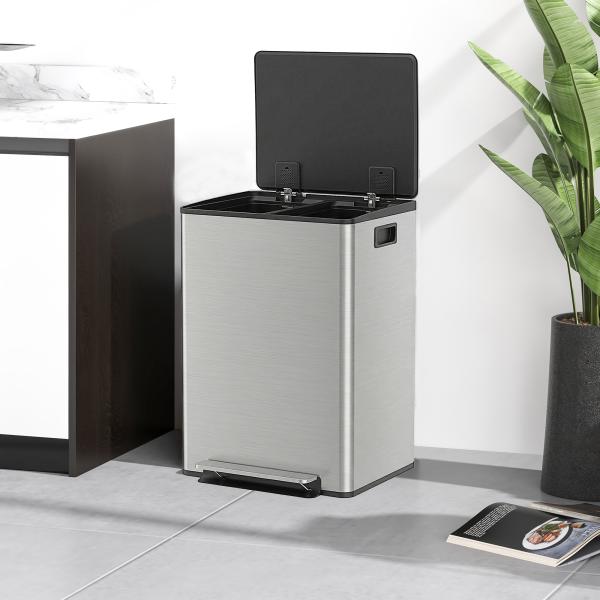 Balde de Lixo de Cozinha com 2 Compartimentos 2x30L Pedal Fechamento Suave e Cubo Amovível Prata