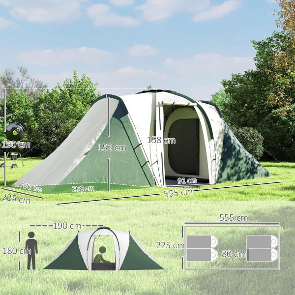 Tenda de Campismo Familiar para 4 - 6 Pessoas com 2 Dormitórios Impermeável 3000 mm com Bolsa 555x225x190 cm Cinza e Verde