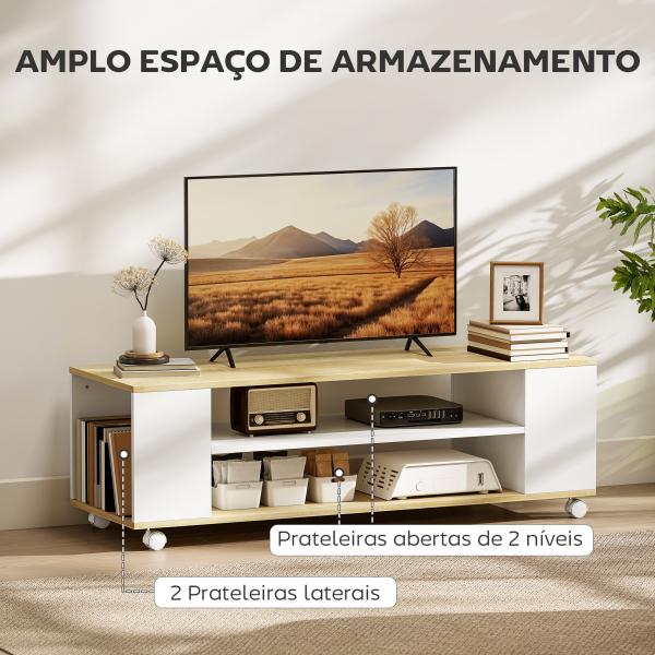 Móvel para TV com Rodas Armário para TV Flutuante com 2 Portas e 2 Prateleiras 120x40x38,5cm Branco e Madeira