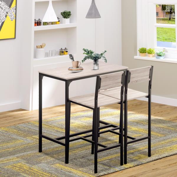 Conjunto de Mesa de Bar com 2 Bancos Conjunto de 3 Peças com 2 Bancos com Encosto e Apoio para Pés Design Industrial Madeira e Preto