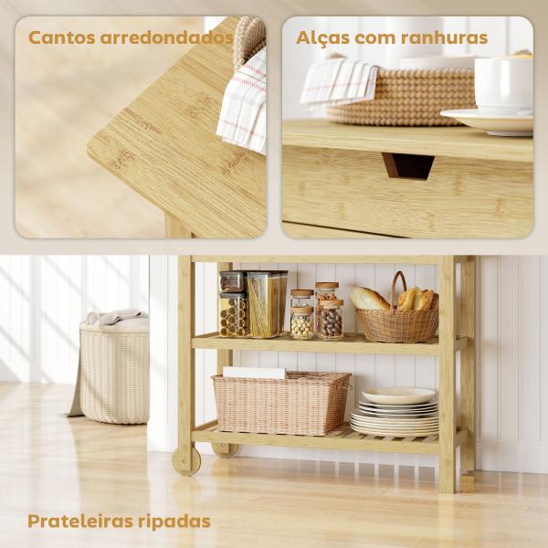 Carrinho Auxiliar com Rodas em Bambu 2 Gavetas 2 Prateleiras de Ripas 100x43x75 cm Madeira