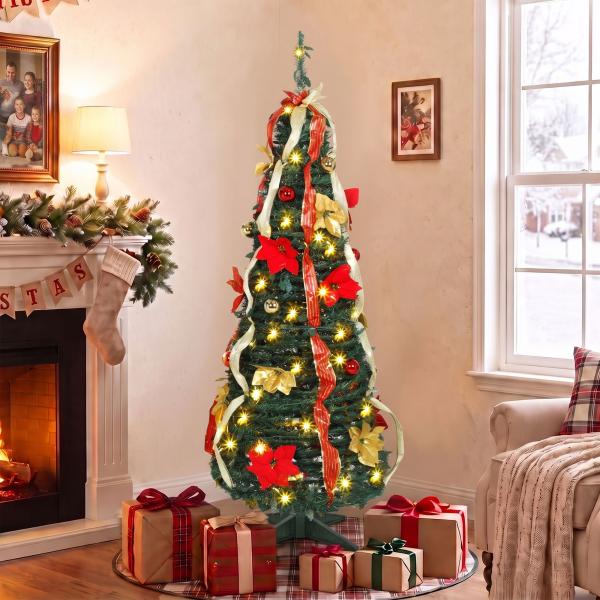 Árvore de Natal Desdobrável 150 cm com 70 Luzes LED, 11 Modos, Comando à Distância e Decoração Incluída, Verde
