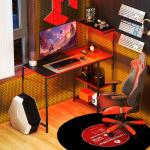 Secretária Gaming com Luzes LED 100x50 cm Secretária Gaming de Fibra de Carbono com Tomadas de Corrente e Controlo Remoto Preto