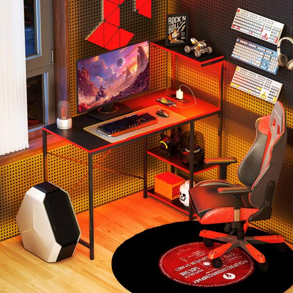 Secretária Gaming com Luzes LED 100x50 cm Secretária Gaming de Fibra de Carbono com Tomadas de Corrente e Controlo Remoto Preto