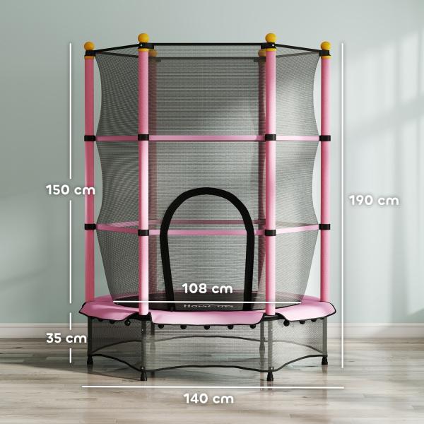 Trampolim para Crianças com Rede de Segurança e Estrutura de Aço para Interiores e Exteriores Carga 50kg Ø140x190 cm Rosa