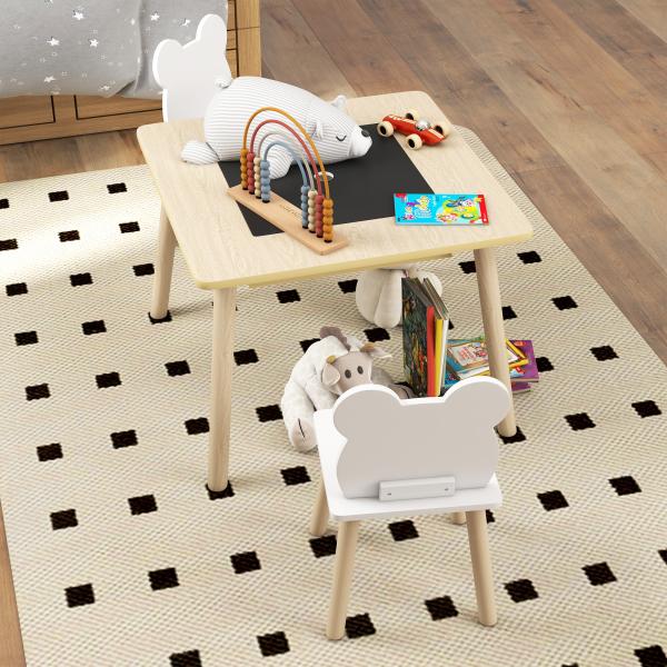 Conjunto de Mesa e 2 Cadeiras com Encosto em Forma de Ursinho e Compartimentos Ocultos Madeira e Branco