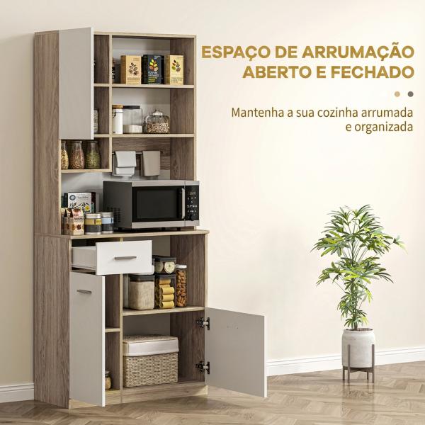 Armário de Cozinha Alto com 3 Portas, 9 Prateleiras, Gaveta e Prateleiras Ajustáveis, Estilo Moderno, 80x35x180 cm, Branco e Carvalho