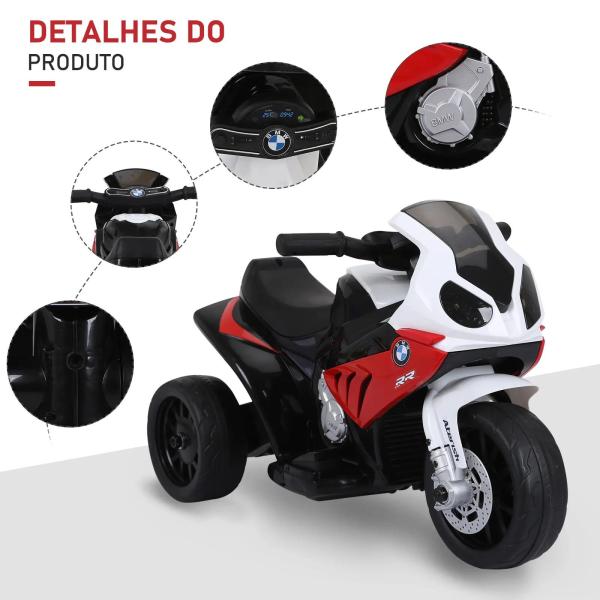 Mota Elétrica BMW para Crianças entre 18 - 36 Meses 6V com Faróis Música e Velocidade Máx. de 2,5 km/h 66x37x44 cm Vermelho