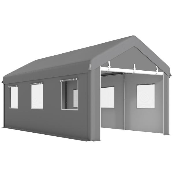 Tenda Garagem 295x600x278 cm Tenda de Exterior Resistente com 2 Portas Enroláveis e 6 Janelas Cinzento