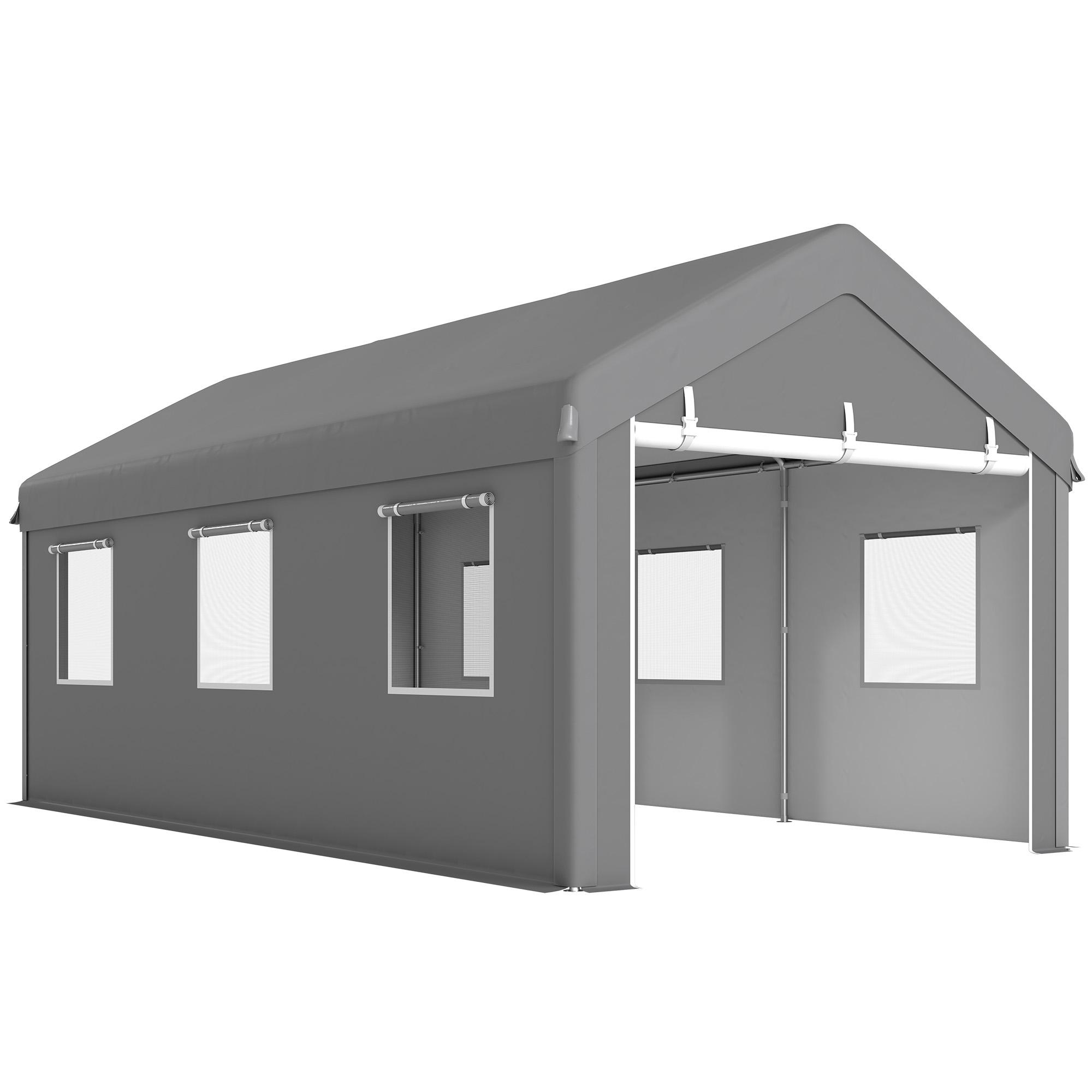 Tenda Garagem 295x600x278 cm Tenda de Exterior Resistente com 2 Portas Enroláveis e 6 Janelas Cinzento