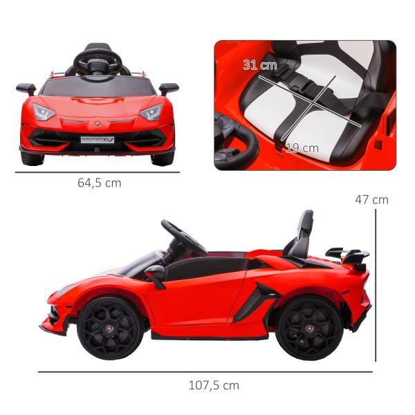 Carro Elétrico Lamborghini para Crianças 12V Velocidade 5km/h Controlo Remoto MP3 e Luzes 107,5x63x42 cm Vermelho