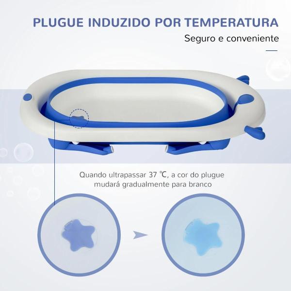 Banheira para Bebé Recém Nascido até 3 Anos Dobrável 30 Litros com Tampa Termossensível e Almofada Confortável Almofadas Antiderrapantes 81,5x50,5x23,5cm Azul e Branco