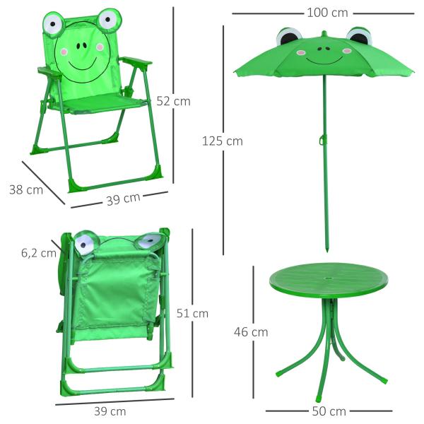 Conjunto de Mesa e Cadeira de Jardim Conjunto de Picnic Dobrável para Crianças Conjunto de Mesa com Chapéu de Sol com Altura Ajustável 100 - 125cm Desenho de Sapo Verde