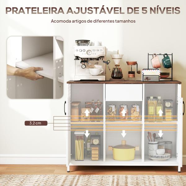 Aparador de 2 Portas com Orifícios 2 Compartimentos e Gaveta Prateleiras Ajustáveis 100x40x80 cm Branco e Castanho Rústico