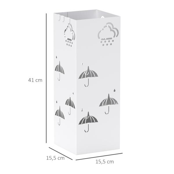 Suporte para Guarda Chuva de Aço com 4 Ganchos e Bandeja de Gotejamento Amovível 15,5x15,5x41 cm Branco