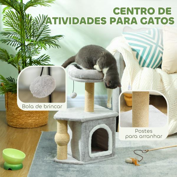 Arranhador para Gatos com Cama Caverna Plataforma Bola Suspensa e Poste de Juta 42x30x66 cm Cinza e Bege