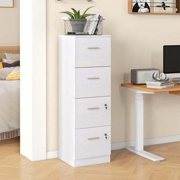 Gaveteiro de Escritório com 4 Gavetas Fechadura e Suportes Ajustáveis para Documentos A4 e Letter Branco 40x42x130,8 cm Branco