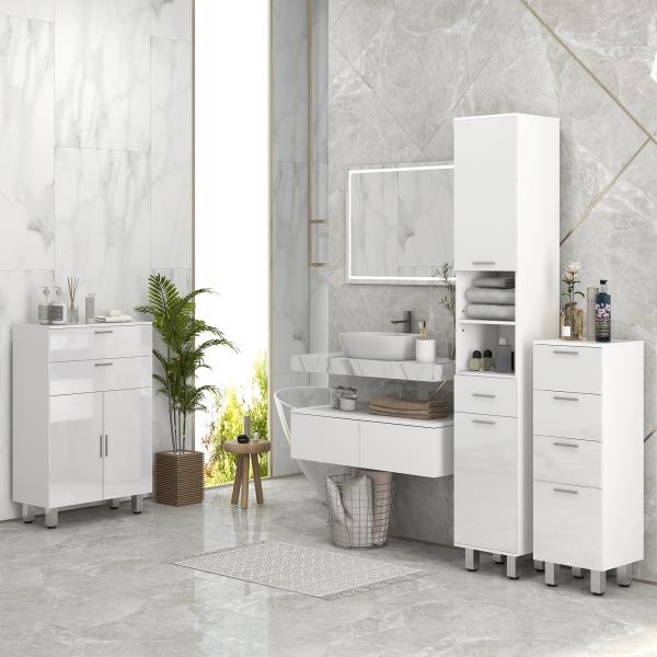 Móvel Auxiliar Casa de Banho 2 Gavetas e Armário Prateleiras Ajustáveis 60x30x93 cm Branco