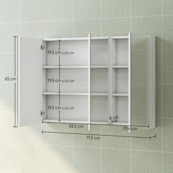 Armário de Casa de Banho com Espelho Armário de Parede Casa de Banho Suspenso com 3 Portas Prateleiras Ajustáveis 91,5x11,5x65 cm Branco