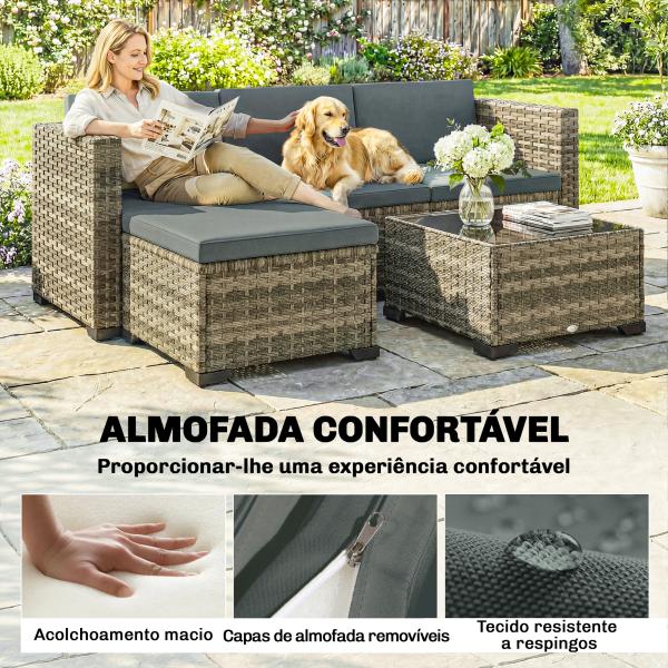 Conjunto de Jardim em Vime de 5 Peças Inclui Almofadas 2 Poltronas de Canto Poltrona sem Braços Apoia - Pés e Mesa de Centro Cinza Escuro
