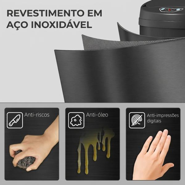 Caixote do Lixo Automático para Cozinha 42 L com Sensor Infravermelho, Fecho Automático e Aço Inoxidável Preto