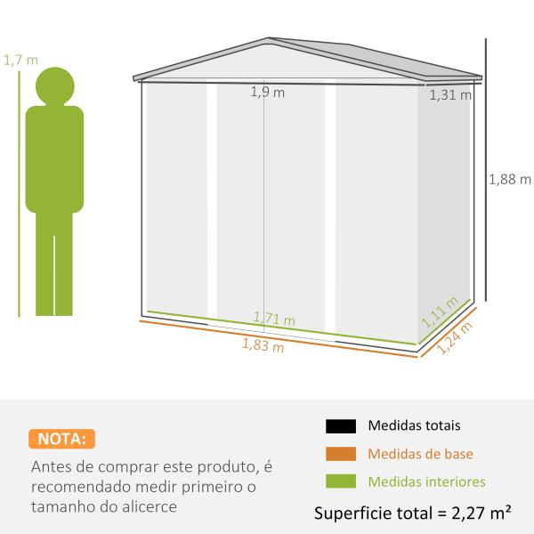 Abrigo de Jardim 2,27 m² 190x131x188 cm com 2 Ventilações Porta com Fechadura para Armazenamento de Ferramentas Cinza