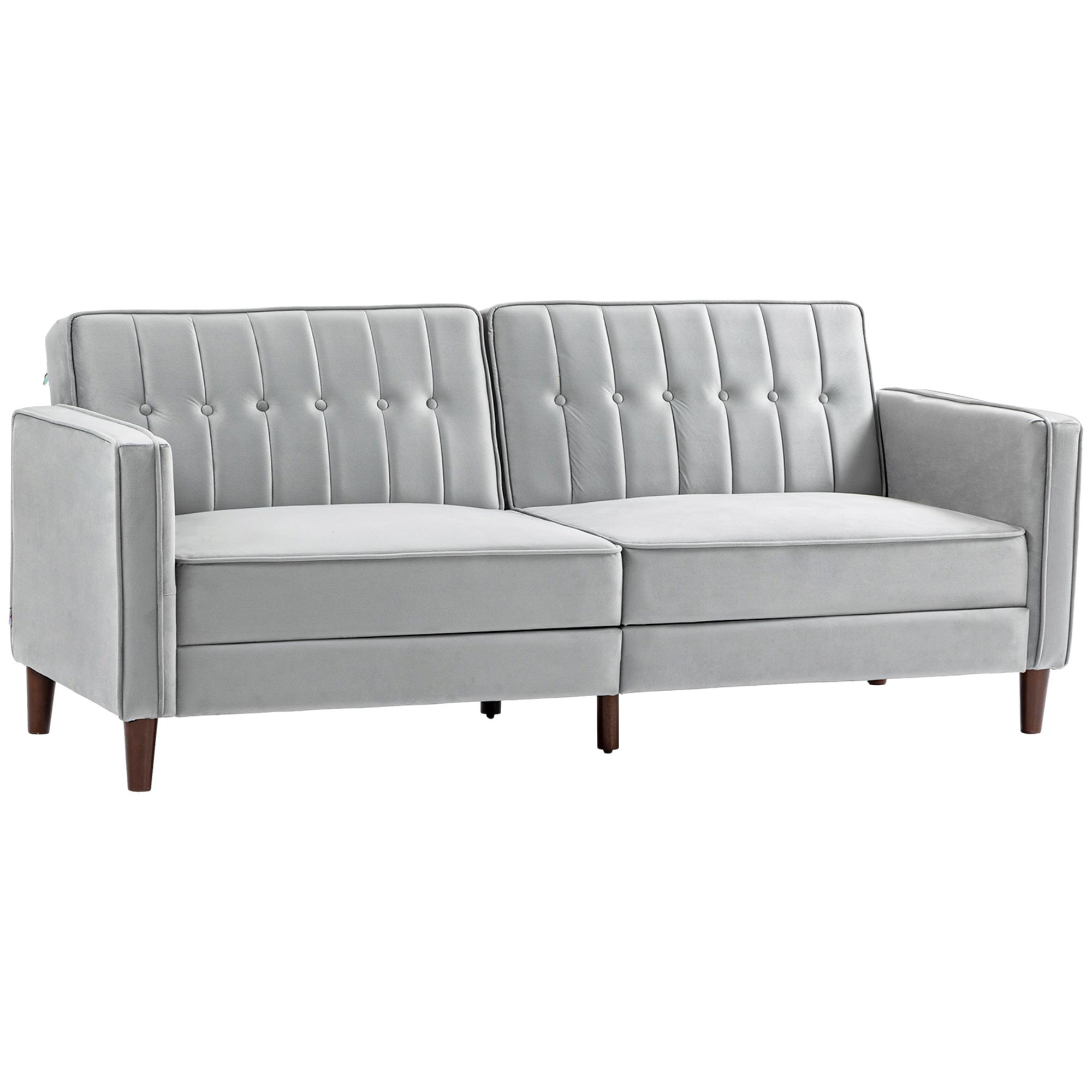 Sofá de 2 Lugares Convertível em Cama de Estofado Aveludado com Encosto Ajustável para Sala 189x80,5x78,5 cm Cinza Claro