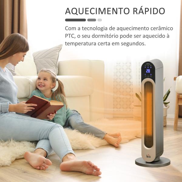 Aquecedor Cerâmico de Torre 1100/2200W com Controlo Remoto Ecrã LED Temporizador de 12h Termostato 3 Modos Ø25x73,5 cm Prata