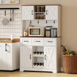Amário de Cozinha Alto com Suporte para 8 Garrafas 4 Portas 3 Gavetas Prateleiras Abertas100x38x172 cm Branco