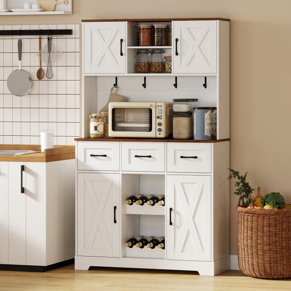 Amário de Cozinha Alto com Suporte para 8 Garrafas 4 Portas 3 Gavetas Prateleiras Abertas100x38x172 cm Branco