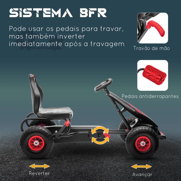 Kart a Pedais para Crianças 5 - 12 Anos com Assento Ajustável Pneus Insufláveis Amortecimento e Travão de Mão 121x58x61cm Vermelho