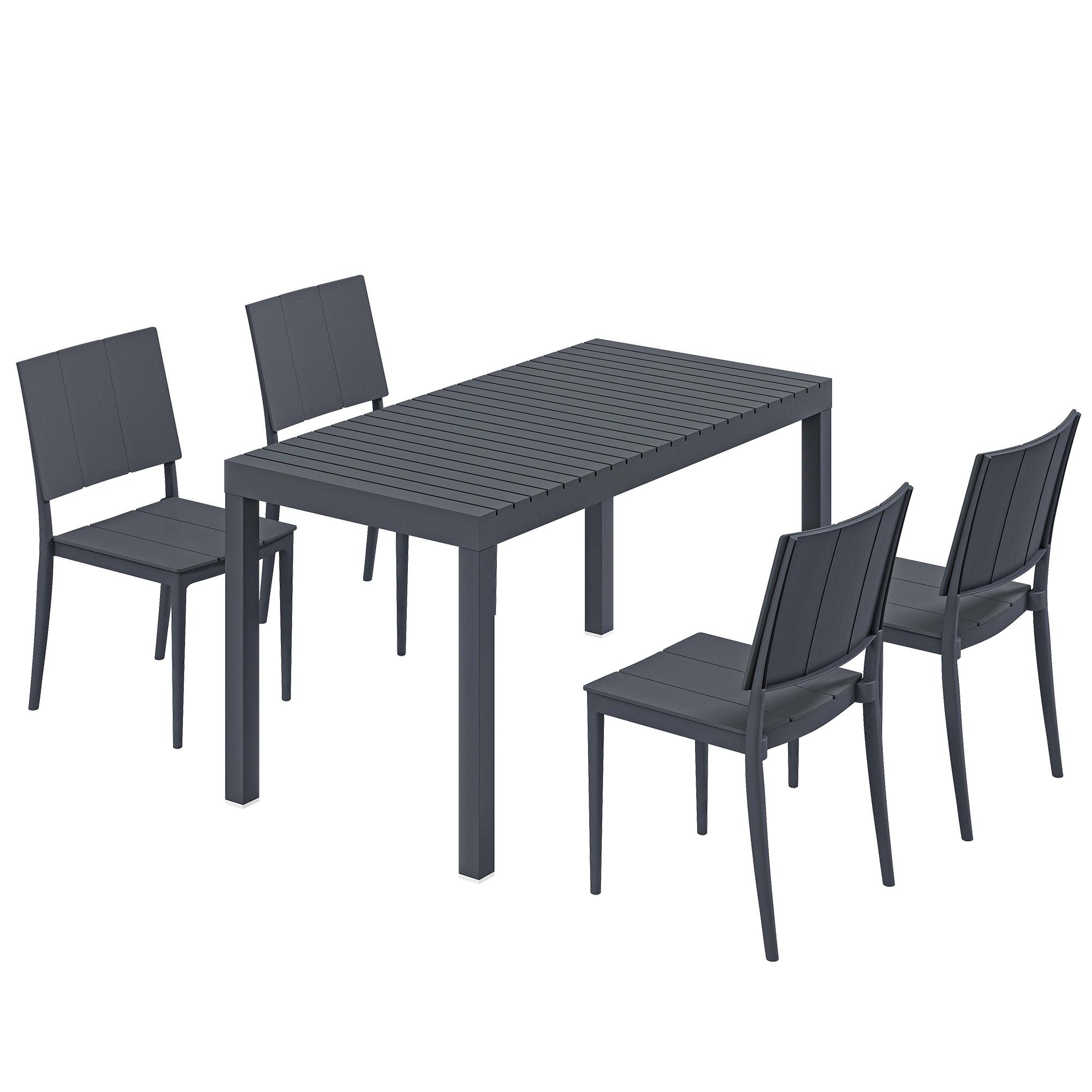 Conjunto de Mesa e Cadeiras de Jardim com Mesa de Ripas e 4 Cadeiras Empilháveis para Terraço ou Pátio Cinzento