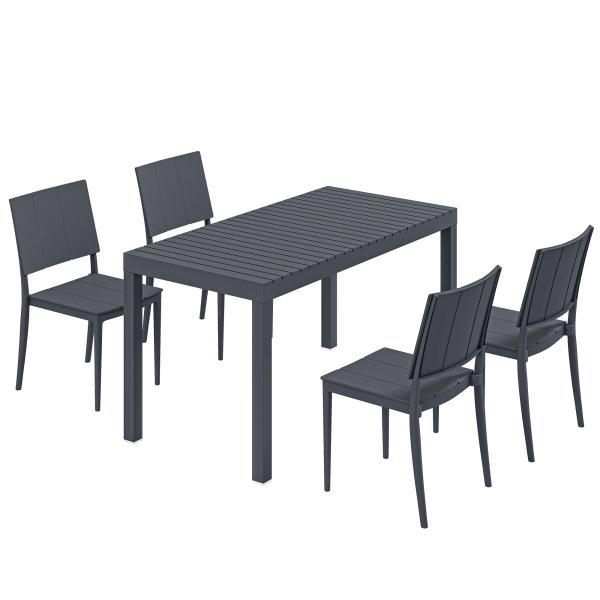 Conjunto de Mesa e Cadeiras de Jardim com Mesa de Ripas e 4 Cadeiras Empilháveis para Terraço ou Pátio Cinzento