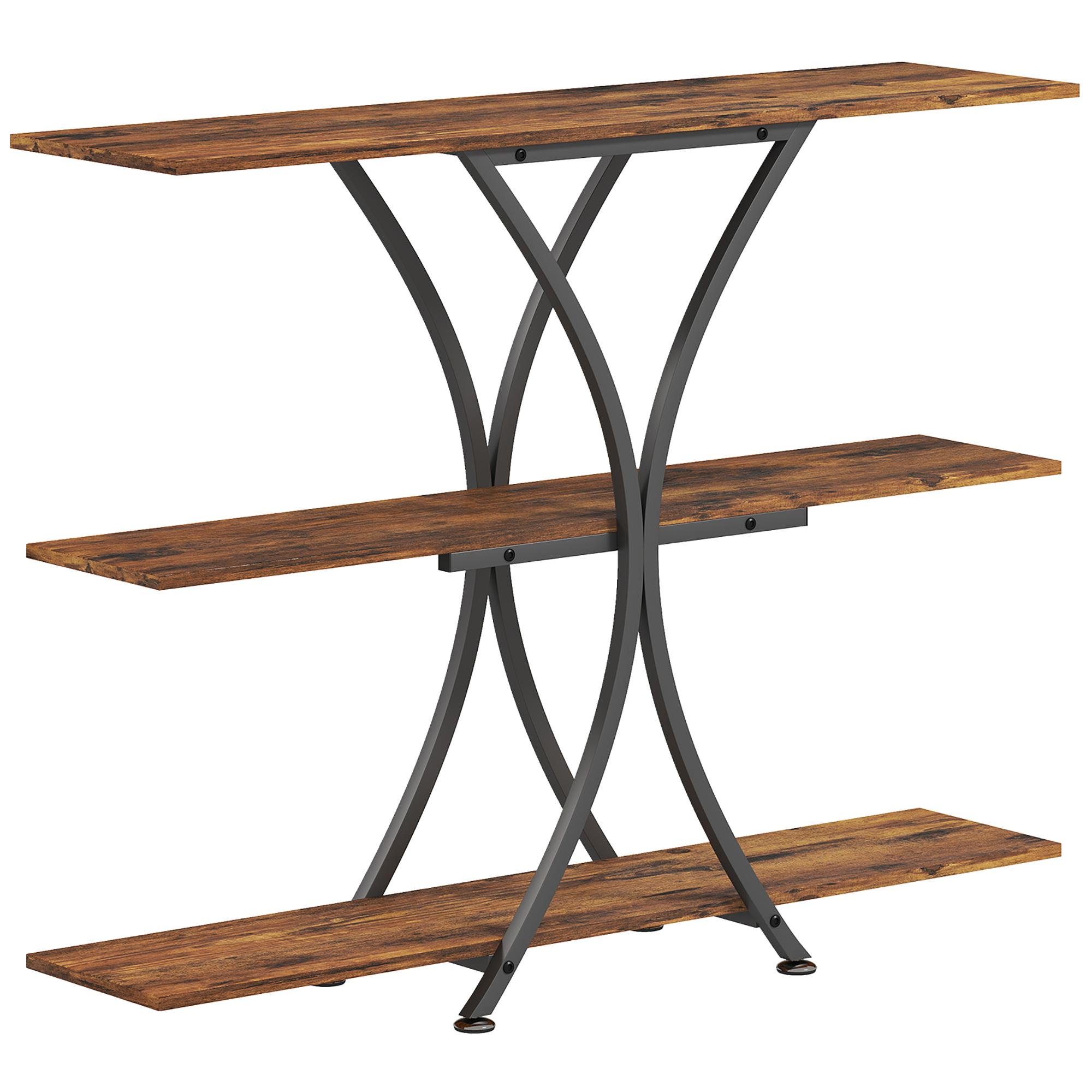 Mesa Consola de 3 Níveis Estilo Industrial com 2 Prateleiras Abertas e Estrutura Metálica em X Consola Estreita 110x30x91 cm Castanho Rústico